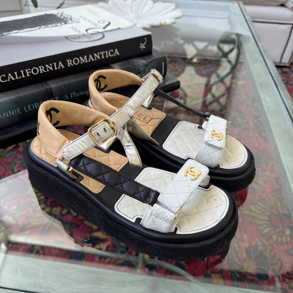 Chanel Dad Sandals Black White Tan Holographic Strap Euro Size 38 US Size 7.5